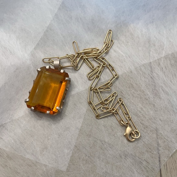 Vintage Amber Glass Pendant Necklace on Gold-Tone Chain - Picture 2 of 5